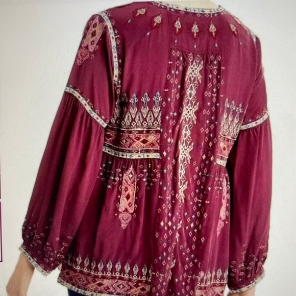 JOHNNY WAS Biya "Deliza" Embroidered Silk Blouse: Wine Colored; SMALL; NWOT! - Picture 5 of 9